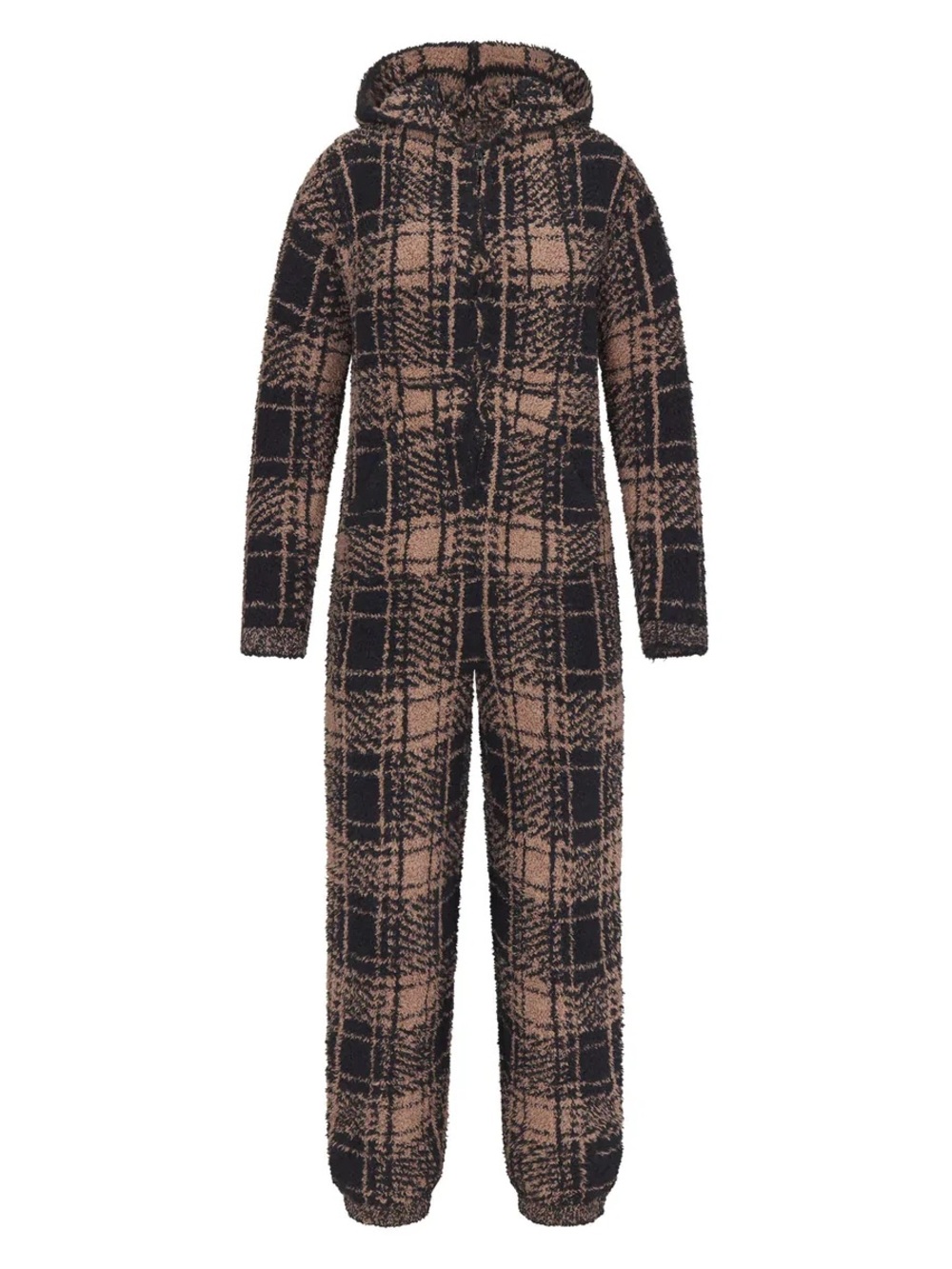 SKIMS Kids Plush Hooded One-Piece Onesie - Black and Tan Plaid
